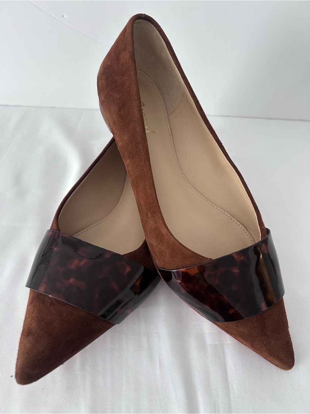 Pointed Suede Flats with Tortoiseshell Accent in Brown